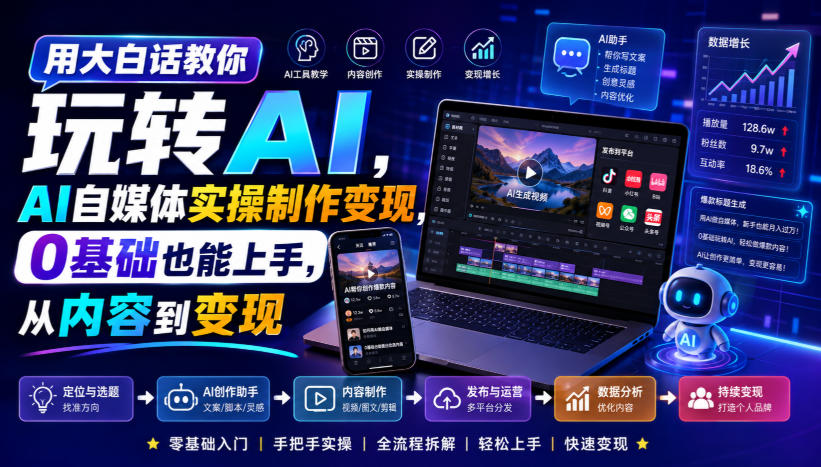 用大白话教你玩转AI，AI自媒体实操制作变现，0基础也能上手，从内容到变现-轻创终点站