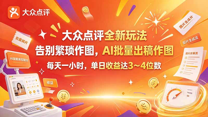 大众点评全新玩法，不用繁琐作图，AI 批量出稿作图，每天一小时，单日收益达 3～4 位数-轻创终点站