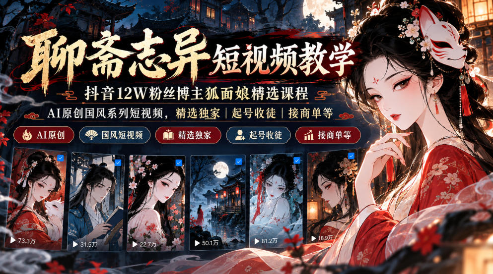 聊斋志异短视频教学，抖音12W粉丝博主狐面娘精选课程，AI原创国风系列短视频，精选独家丨起号收徒丨接商单等-轻创终点站