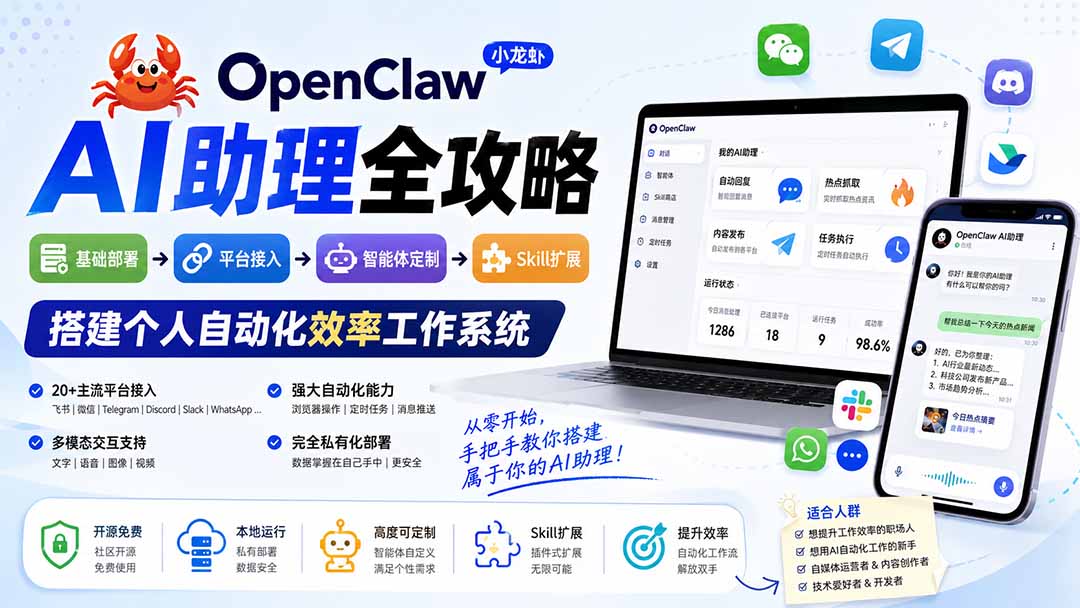OpenClaw小龙虾 AI助理全攻略：基础部署→平台接入→智能体定制→Skill扩展，搭建个人自动化效率工作系统-轻创终点站
