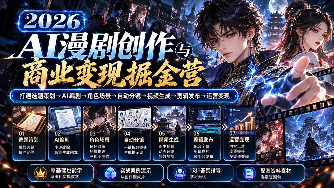 【无水印】2026AI漫剧创作与商业变现掘金营：打通选题→AI编剧→角色场景→自动分镜→视频生成→剪辑发布→运营变现-轻创终点站