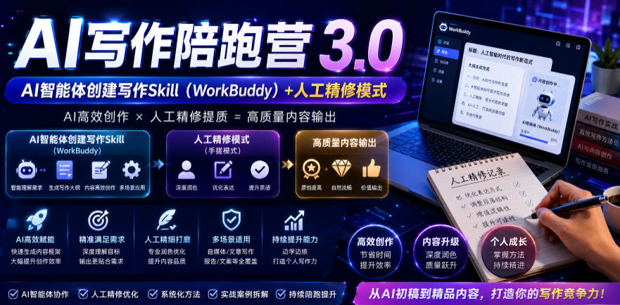AI写作陪跑营3.0,Ai智能体创建写作skill(workbuddy)+人工手写模式(手搓模式),去除AI痕迹(头条号、公众号、百家号)(更新0730)-轻创终点站