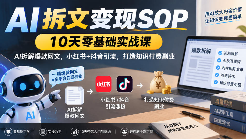 AI拆文变现SOP｜10天零基础实战课，AI拆解爆款网文，小红书+抖音引流，打造知识付费副业-轻创终点站