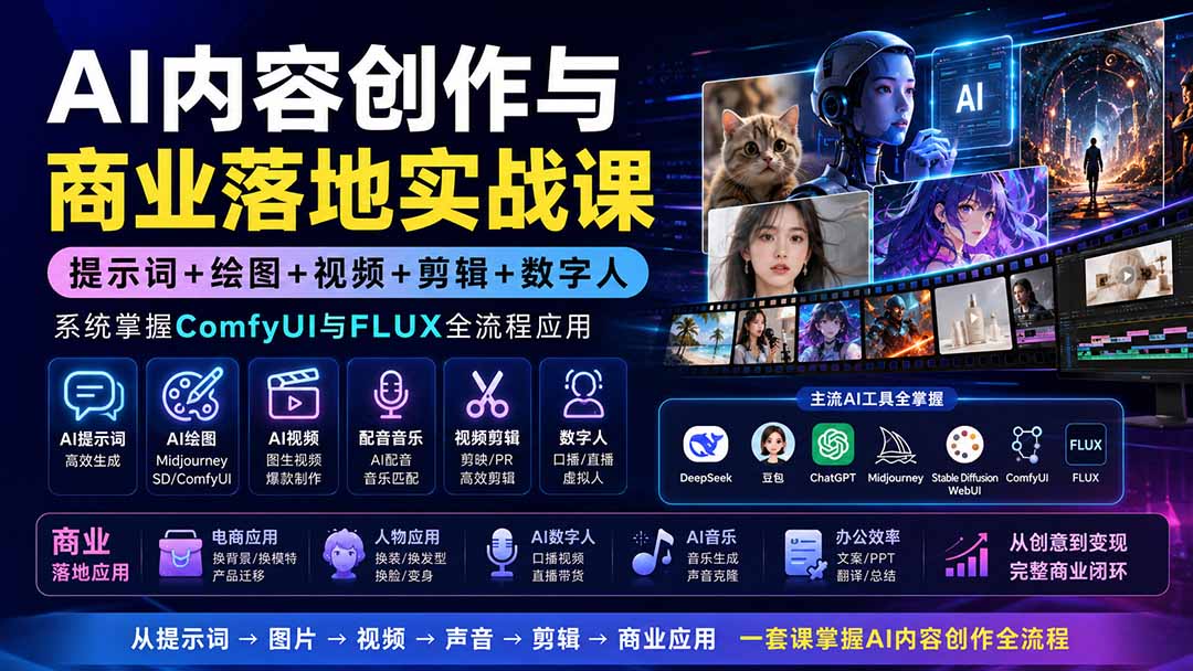 AI内容创作与商业落地实战课：提示词+绘图+视频+剪辑+数字人，系统掌握ComfyUI与FLUX全流程应用-轻创终点站