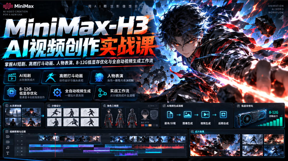 MiniMax-H3 AI视频创作实战课，掌握AI短剧、高燃打斗动画、人物表演、8-12G低显存优化与全自动视频生成工作流-轻创终点站