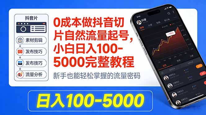 0成本做抖音切片自然流量起号，小白日入100-5000完整教程-源创文化:轻创终点站
