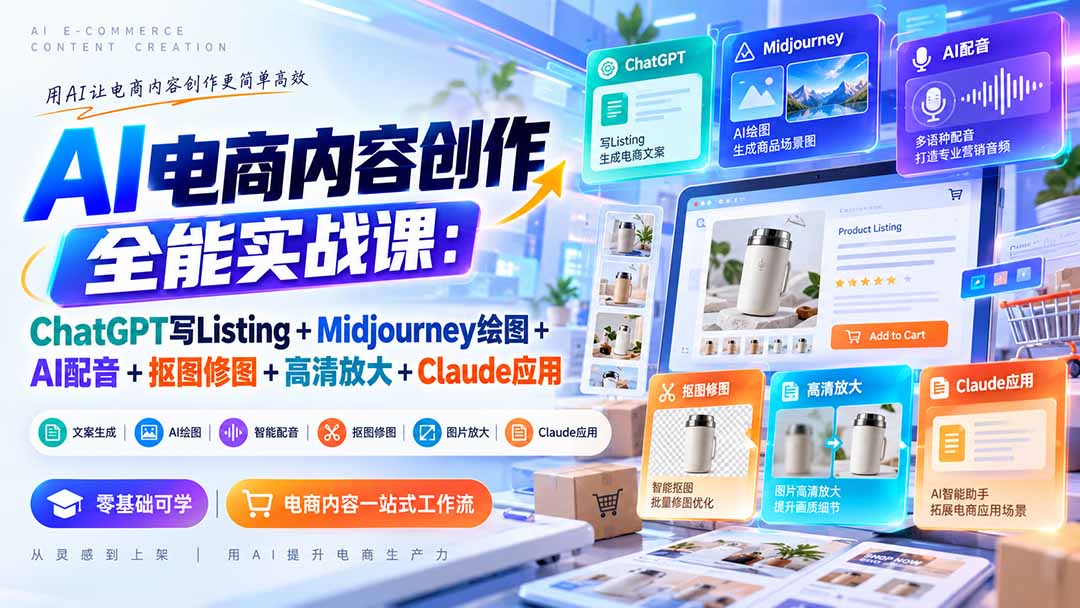 【无水印】AI电商内容创作全能实战课：ChatGPT写Listing+Midjourney绘图+AI配音+抠图修图+高清放大+Claude应用-轻创终点站