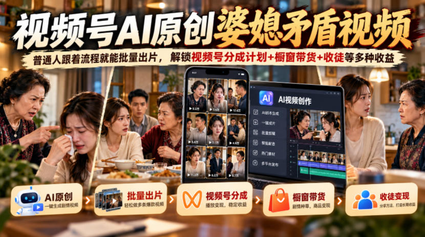 视频号ai原创婆媳矛盾视频，普通人跟着流程就能批量出片，解锁视频号分成计划+橱窗带货+收徒等多种收益-轻创终点站