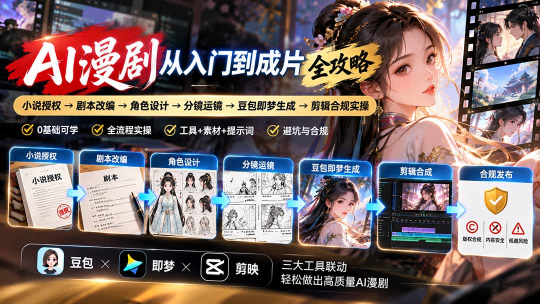 AI漫剧从入门到成片全攻略-更新1017：小说授权→剧本改编→角色设计→分镜运镜→豆包即梦生成→剪辑合规实操-轻创终点站