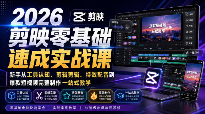 2026剪映零基础速成实战课｜新手从工具认知、剪辑剪辑、特效配音到爆款短视频完整制作一站式教学-轻创终点站