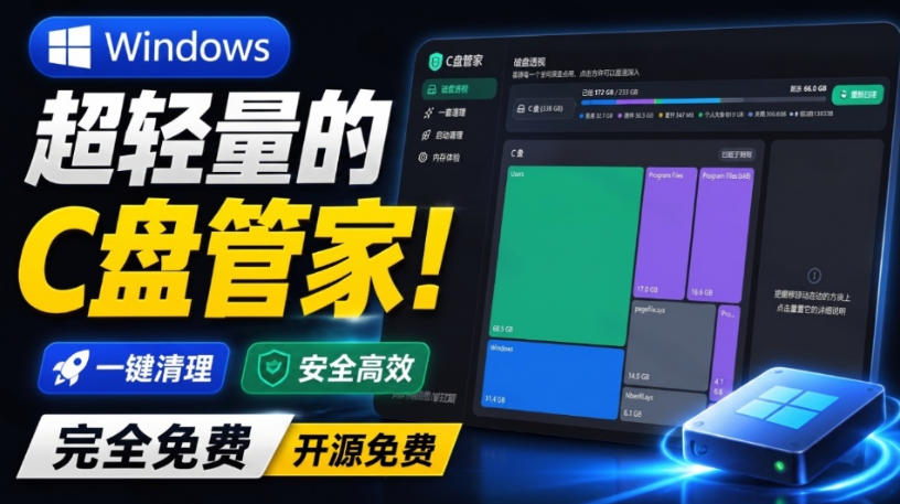 Windows超轻量的C盘管家!超级有特点,支持磁盘分析及清理提醒,2M大小体积,完全免费C盘管家-轻创终点站