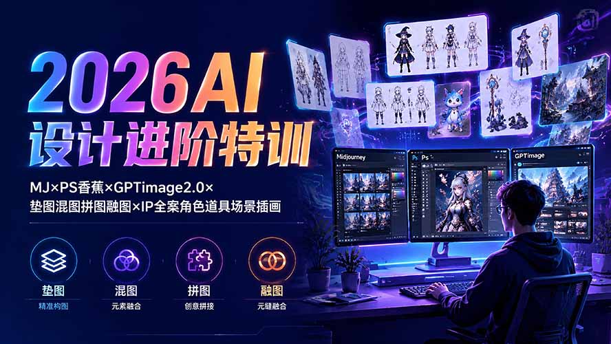 2026AI设计进阶特训：MJ×PS香蕉×GPTimage2.0×垫图混图拼图融图×IP全案角色道具场景插画-轻创终点站