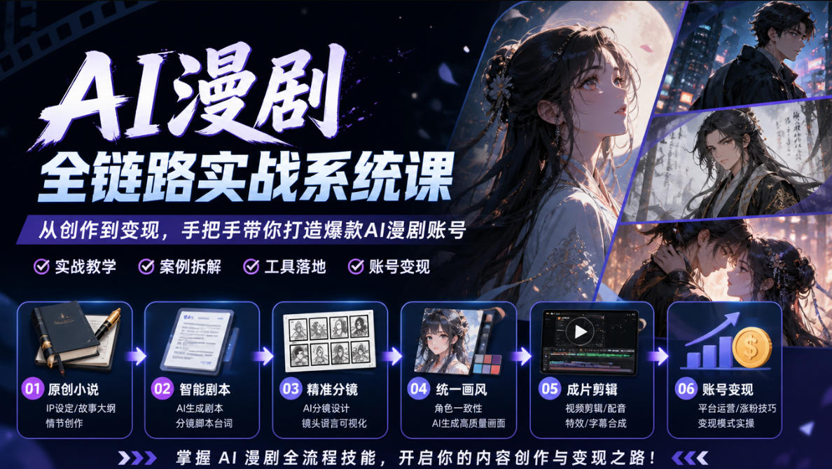 AI漫剧全链路实战系统课｜原创小说、智能剧本、精准分镜、统一画风、成片剪辑、账号变现实操教学(更新1018)-轻创终点站