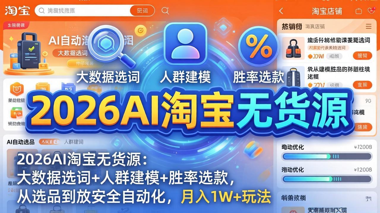 2026AI淘宝无货源-4月更新:大数据选词+人群建模+胜率选款,从选品到放大全自动化,月入1W+玩法-源创文化:轻创终点站