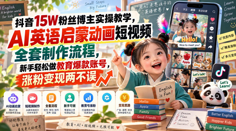 抖音15W粉丝博主实操教学，AI英语启蒙动画短视频全套制作流程，新手轻松做教育爆款账号，涨粉变现两不误-轻创终点站