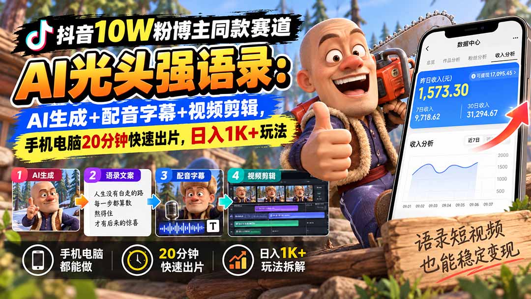 【无水印】抖音10W粉博主同款赛道AI光头强语录：AI生成+配音字幕+视频剪辑，手机电脑20分钟快速出片，日入1K+玩法-轻创终点站