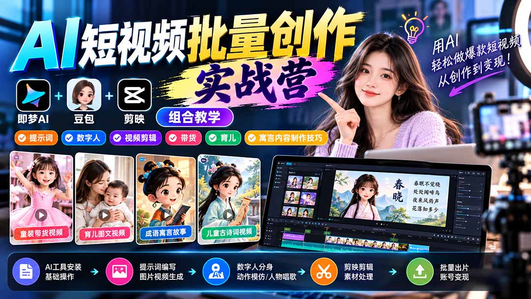 【无水印】AI短视频批量创作实战营：即梦+豆包+剪映组合教学，提示词/数字人/视频剪辑/带货/育儿/寓言内容制作技巧-轻创终点站