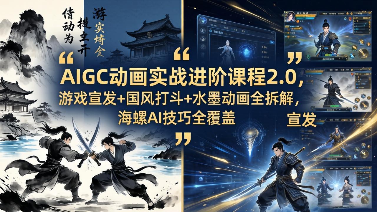 AIGC动画实战进阶课程2.0，游戏宣发+国风打斗+水墨动画全拆解，海螺AI技巧全覆盖-源创文化:轻创终点站
