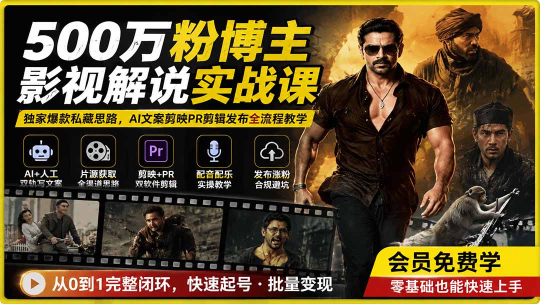500万粉博主影视解说实战课｜独家爆款私藏思路，AI文案剪映PR剪辑发布全流程教学-轻创终点站