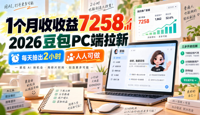 1个月收收益7258，2026豆包PC端拉新，每天抽出2小时，人人可做-轻创终点站