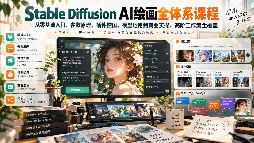 【无水印】Stable Diffusion AI绘画全体系课程，从零基础入门、参数原理、插件控图、模型运用到商业实操、高阶工作流全覆盖-轻创终点站