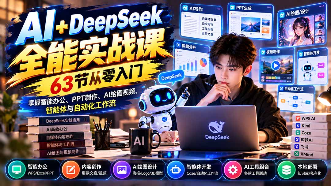 AI+DeepSeek全能实战课：63节从零入门，掌握智能办公、PPT制作、AI绘图视频、智能体与自动化工作流-轻创终点站