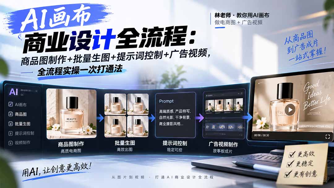 AI画布商业设计全流程-更新1026：商品图制作+批量生图+提示词控制+广告视频，全流程实操一次打通法-轻创终点站