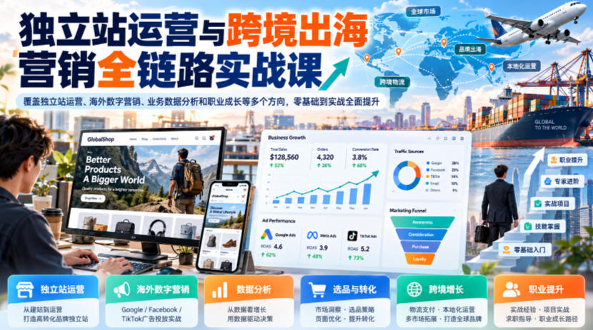 独立站运营与跨境出海营销全链路实战课，覆盖独立站运营、海外数字营销、业务数据分析和职业成长等多个方向，零基础到实战全面提升-轻创终点站