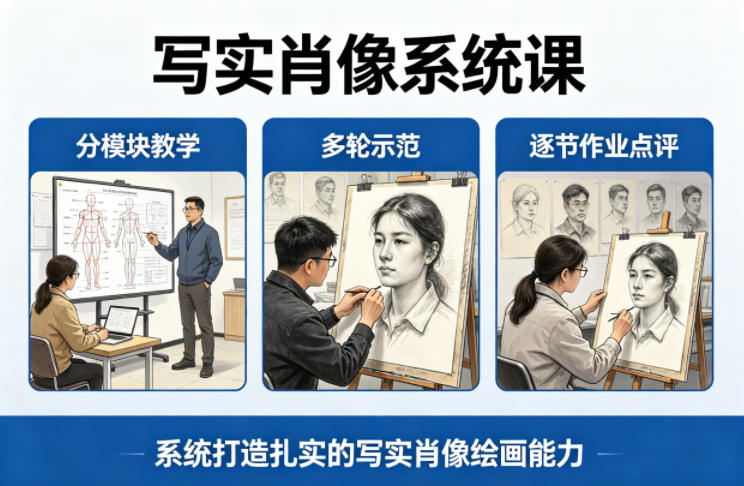 写实肖像系统课，全程分模块教学+多轮示范+逐节作业点评，系统打造扎实的写实肖像绘画能力-源创文化:轻创终点站