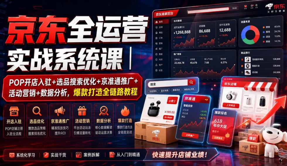 京东全运营实战系统课｜POP开店入驻+选品搜索优化+京准通推广+活动营销+数据分析，爆款打造全链路教程-轻创终点站