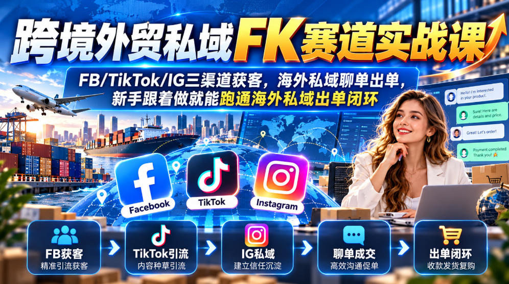跨境外贸私域FK赛道实战课｜FB/TikTok/IG三渠道获客，海外私域聊单出单，新手跟着做就能跑通海外私域出单闭环-轻创终点站