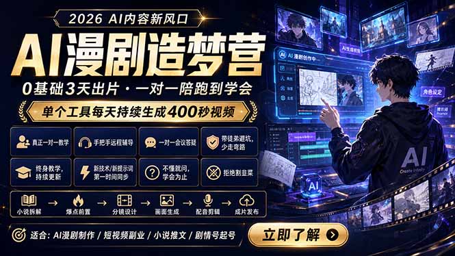 AI漫剧造梦营：0基础3天出片，单个工具每天持续生成400秒视频-源创文化:轻创终点站