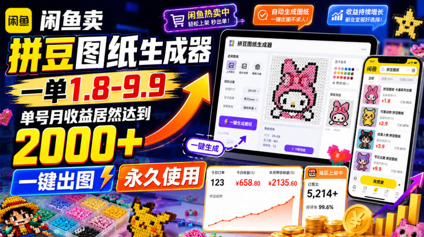 闲鱼卖拼豆图纸生成器,一单1.8-9.9,单号月收益居然达到2000+一键出图永久使用-源创文化:轻创终点站