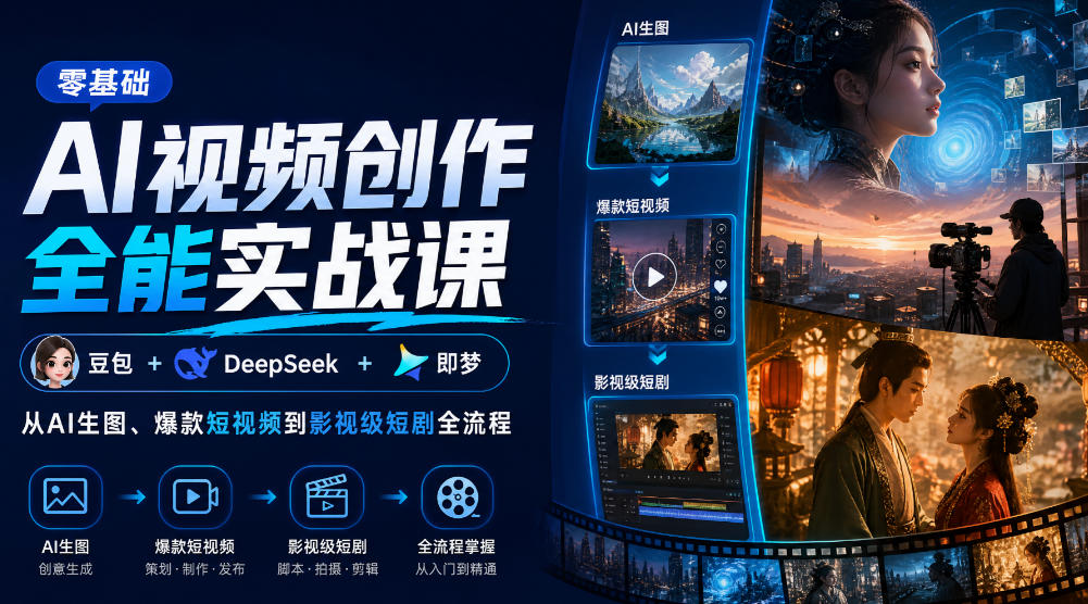 零基础AI视频创作全能实战课｜豆包+DeepSeek+即梦，从AI生图、爆款短视频到影视级短剧全流程-轻创终点站