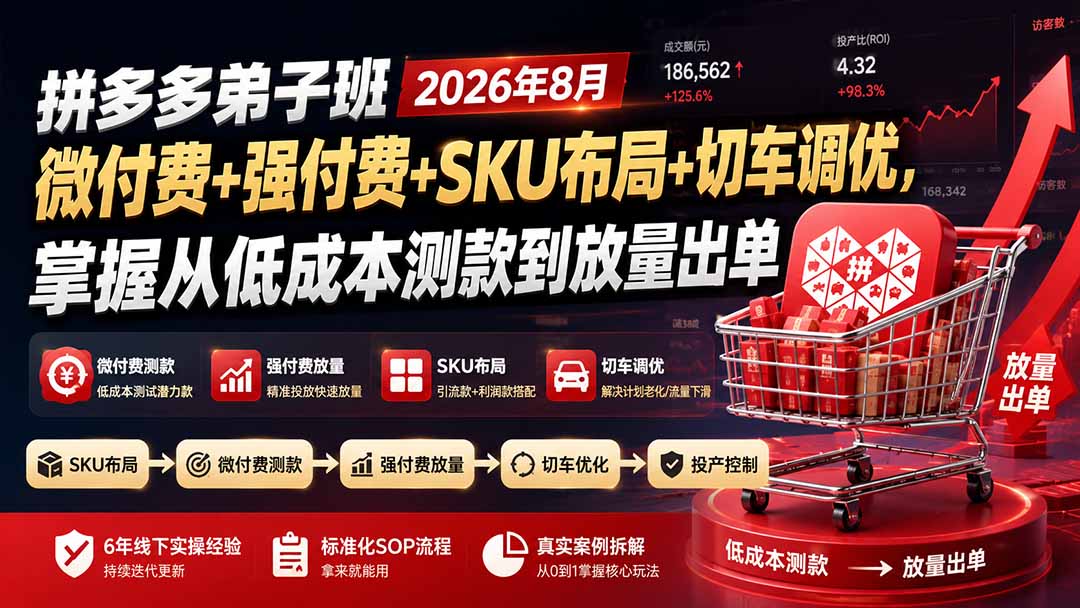 拼多多弟子班2026年8月：微付费+强付费+SKU布局+切车调优，掌握从低成本测款到放量出单-轻创终点站
