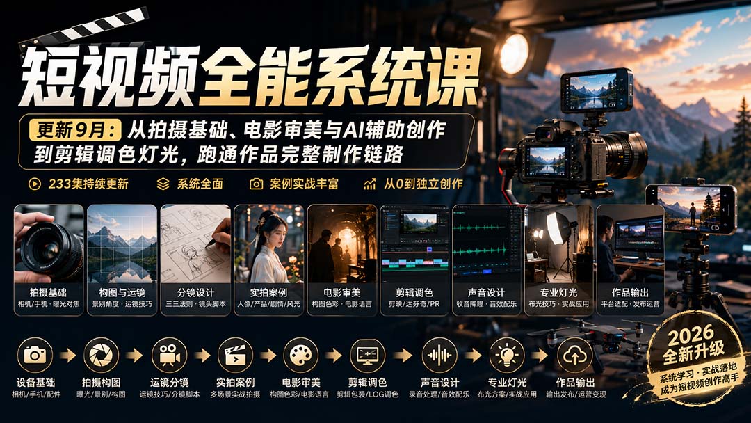 短视频全能系统课-9月完整版:从拍摄基础、电影审美与AI辅助创作到剪辑调色灯光,跑通作品完整制作链路-轻创终点站