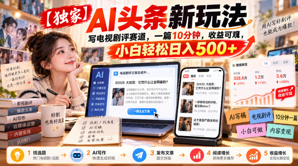 【独家】AI头条新玩法，写电视剧评赛道，一篇10分钟，收益可观，小白轻松日入500+-轻创终点站