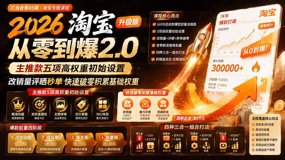2026淘宝从零到爆2.0第85期；主推款五项高权重初始设置，改销量评晒秒单快速破零积累基础权重-轻创终点站