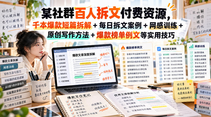 (无水印)某社群百人拆文付费资源,千本爆款短篇拆解+每日拆文案例+网感训练+原创写作方法+爆款榜单例文等实用技巧(更新1009)-轻创终点站