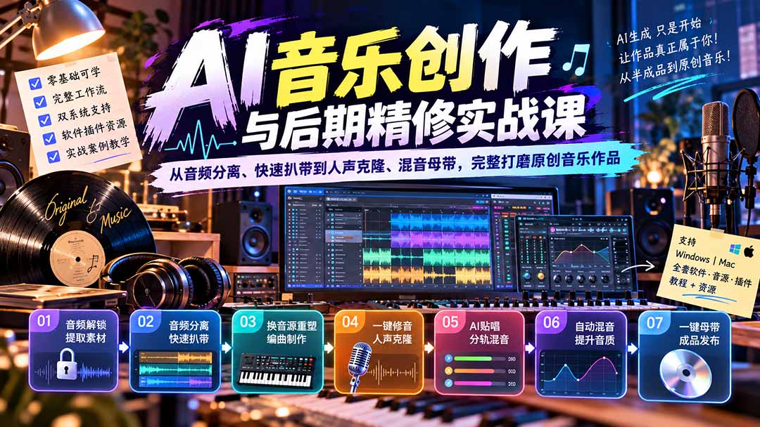 AI音乐创作与后期精修实战课:从音频分离、快速扒带到人声克隆、混音母带,完整打磨原创音乐作品-轻创终点站