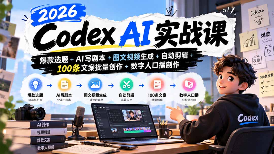 2026Codex AI实战课：爆款选题+AI写剧本+图文视频生成+自动剪辑+100条文案批量创作+数字人口播制作-轻创终点站