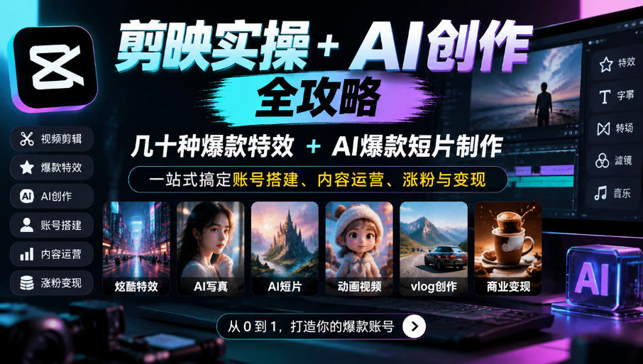 剪映实操+AI创作全攻略｜几十种爆款特效+AI爆款短片制作，一站式搞定账号搭建、内容运营、涨粉与变现-轻创终点站