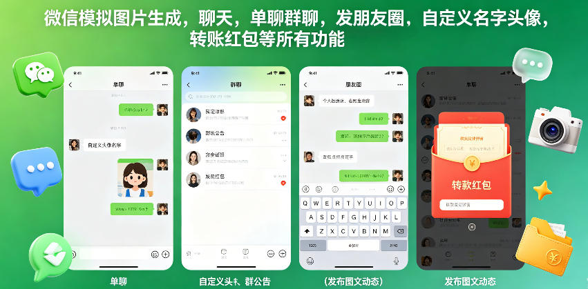 微信模拟图片生成，聊天，单聊群聊，发朋友圈，自定义名字头像，转账红包等所有功能都可以生成-源创文化:轻创终点站