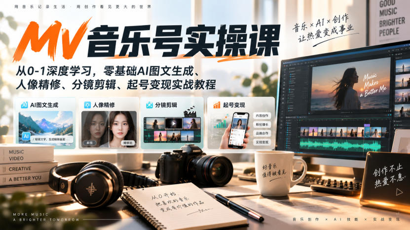 AI MV音乐号实操课，从0-1深度学习，零基础AI图文生成、人像精修、分镜剪辑、起号变现实战教程-轻创终点站