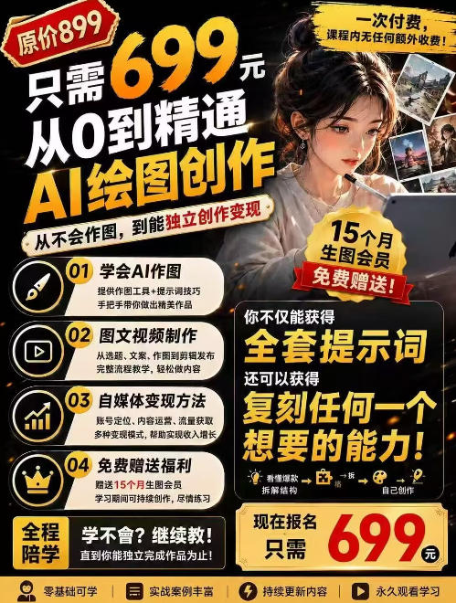 抖音10W粉丝博主的AI绘图教学，从0到精通AI绘图创作，从不会作图到能独立创作变现-轻创终点站