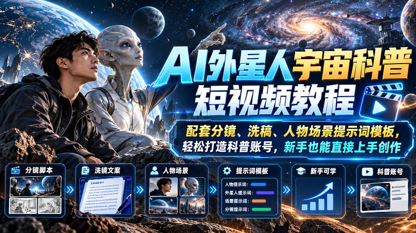 AI外星人宇宙科普短视频教程，配套分镜、洗稿、人物场景提示词模板，轻松打造科普账号，新手也能直接上手创作-轻创终点站