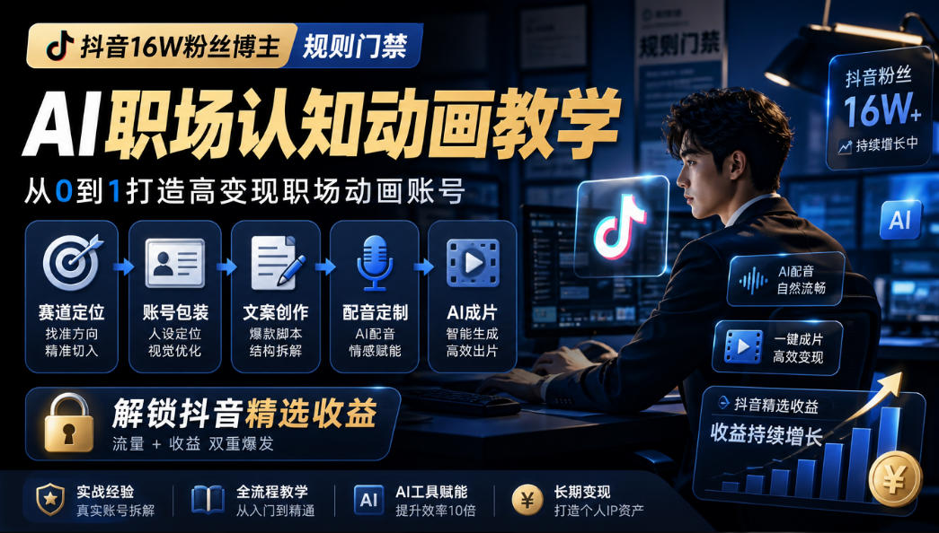 抖音16W粉丝博主规则门禁的AI职场认知动画教学，从赛道定位、账号包装，到文案创作、配音定制、AI成片，解锁抖音精选收益-轻创终点站
