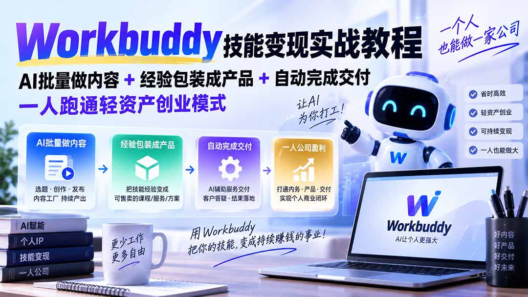 Workbuddy技能变现实战教程：AI批量做内容+经验包装成产品+自动完成交付，一人跑通轻资产创业模式-轻创终点站