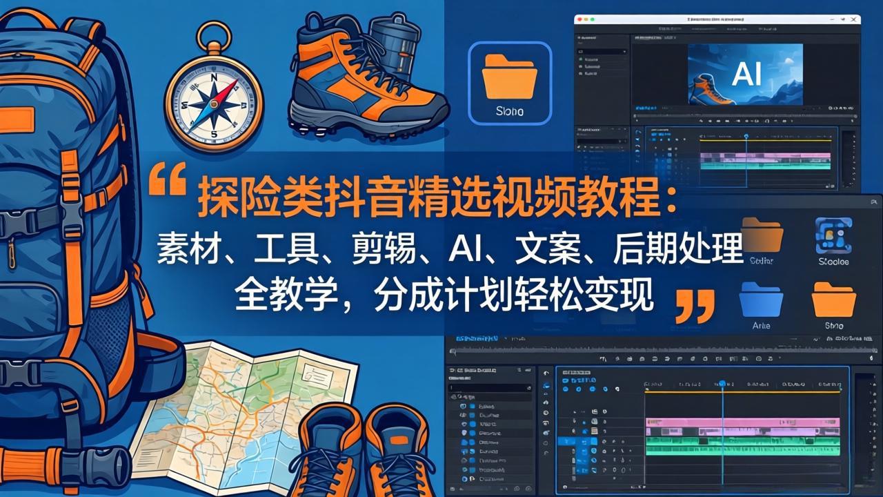 探险类抖音精选视频教程：素材、工具、剪辑、AI、文案、后期处理全教学，分成计划轻松变现-源创文化:轻创终点站