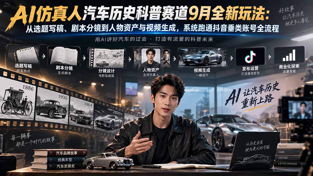 AI仿真人汽车历史科普赛道9月全新玩法：从选题写稿、剧本分镜到人物资产与视频生成，系统跑通抖音垂类账号全流程-轻创终点站